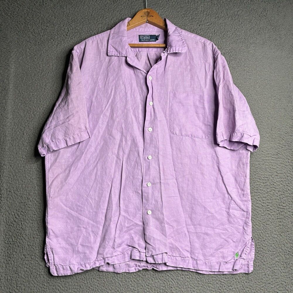 VTG Polo Ralph Lauren Silk Linen Caldwell Loop Collar Shirt Mens Large Lavender